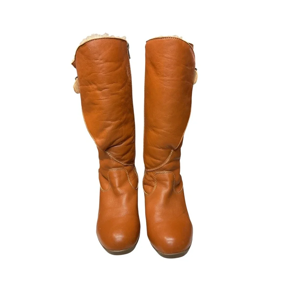 UGG Corinth Shearling Lined Wedge Knee High Leather Buckle Zip Wedge Boots Sz 10